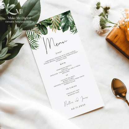 Tropical wedding menu, summer palm leaf bridal shower menu