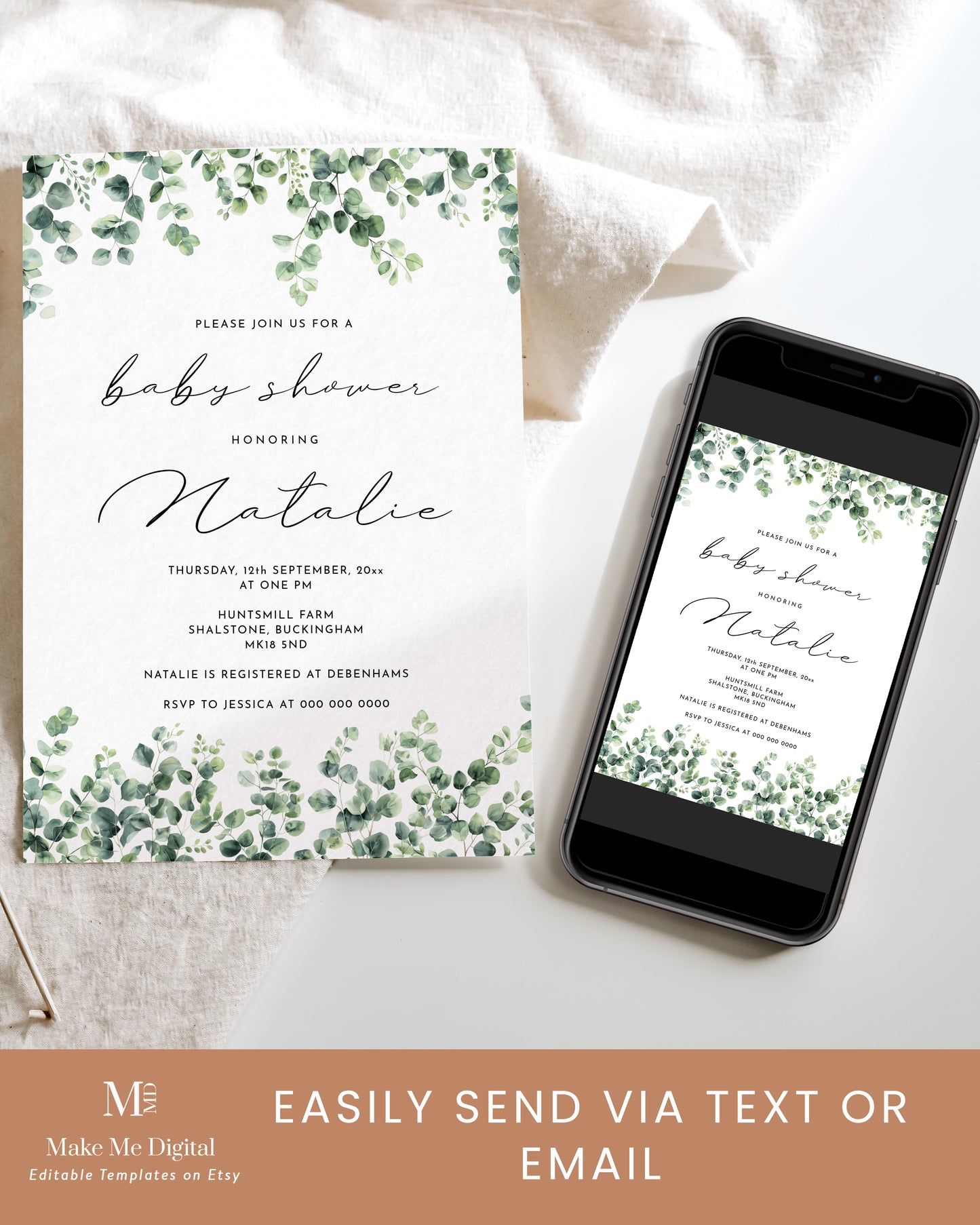 Minimalist Green Botanical Eucalyptus Baby Shower Invitation