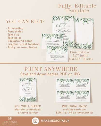 Minimalist Green Botanical Eucalyptus Baby Shower Invitation Suite