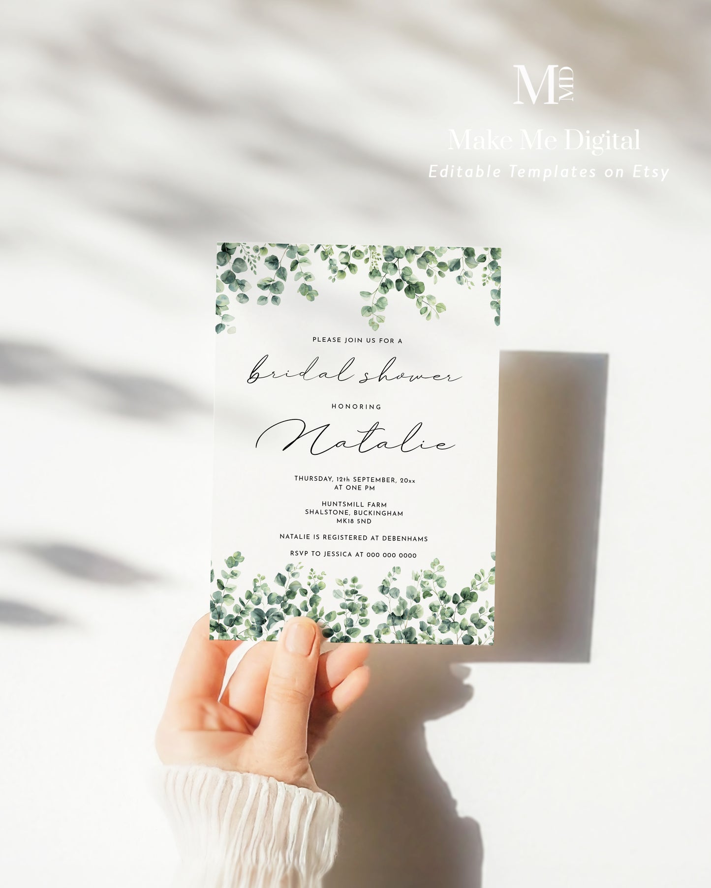 Minimalist Green Botanical Eucalyptus Bridal Shower Invitation