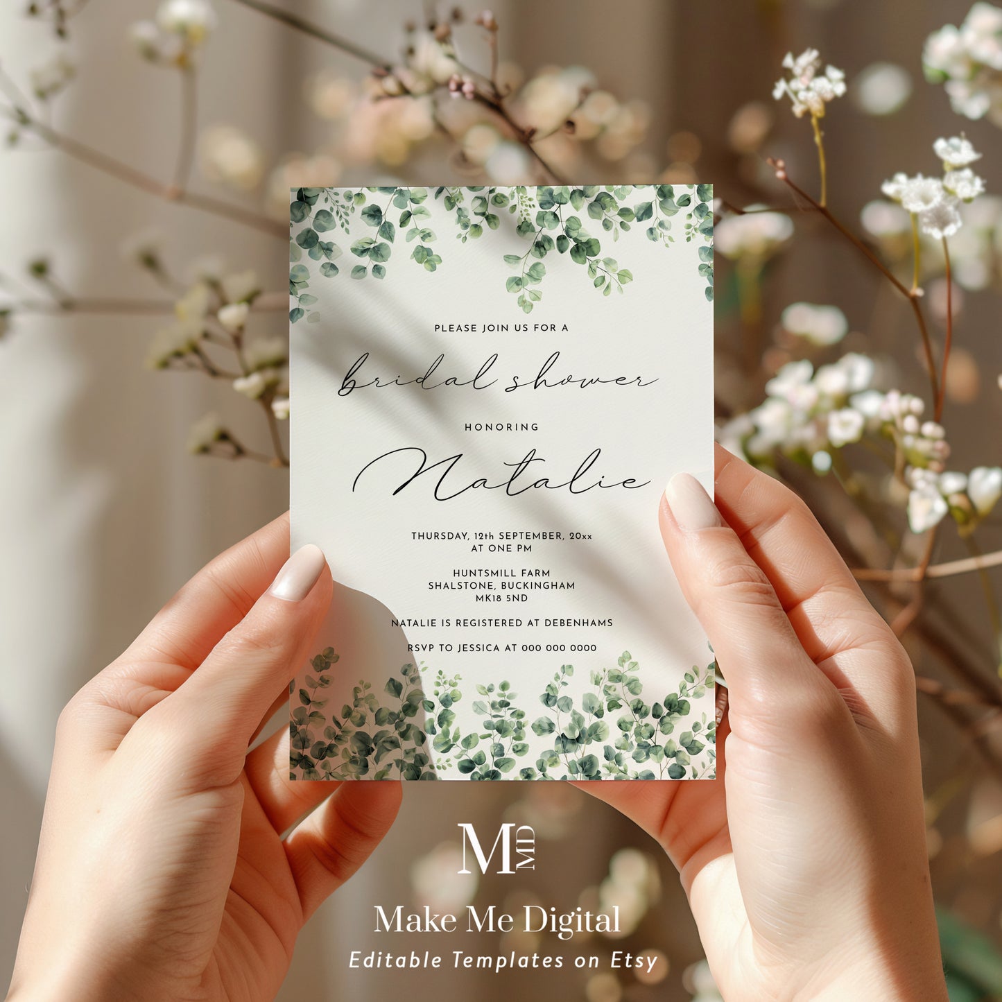 Minimalist Green Botanical Eucalyptus Bridal Shower Invitation