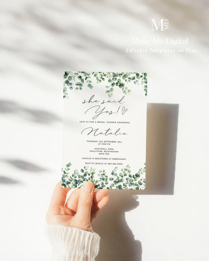 She Said Yes Minimalist Green Eucalyptus Bridal Shower Invitation