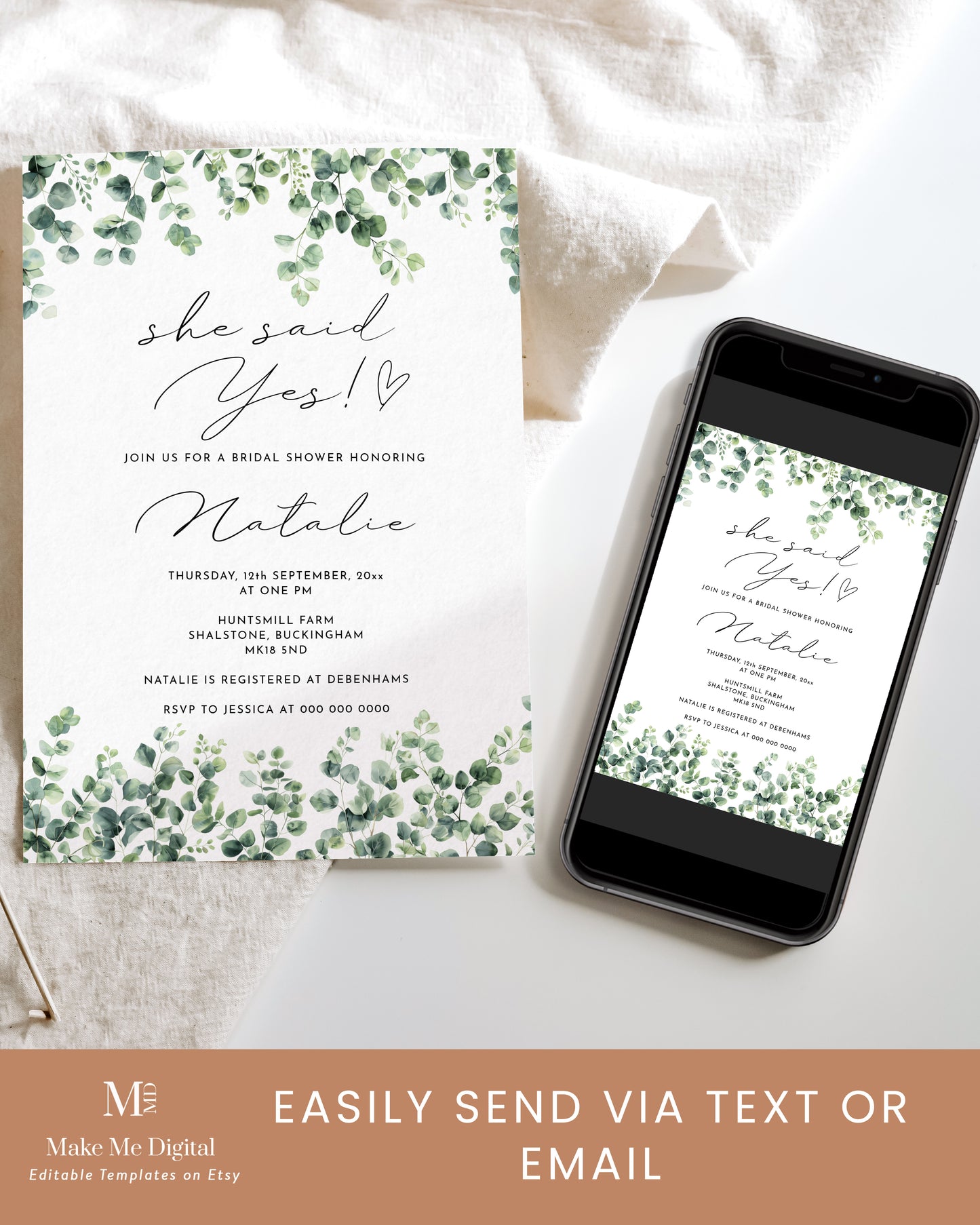 She Said Yes Minimalist Green Eucalyptus Bridal Shower Invitation