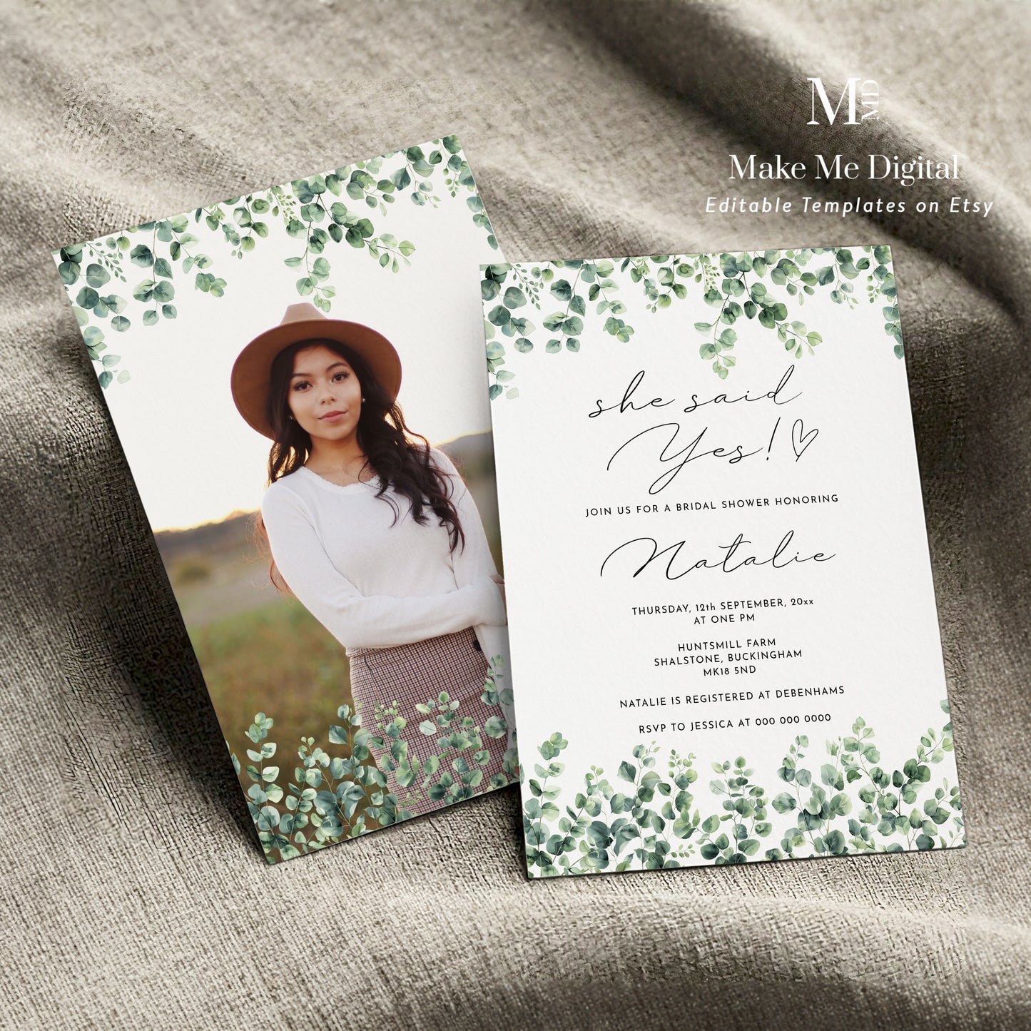 She Said Yes Minimalist Green Eucalyptus Bridal Shower Invitation