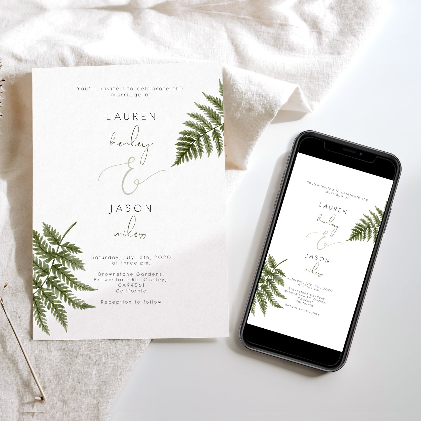 Watercolour Fern Wedding Invitation Single