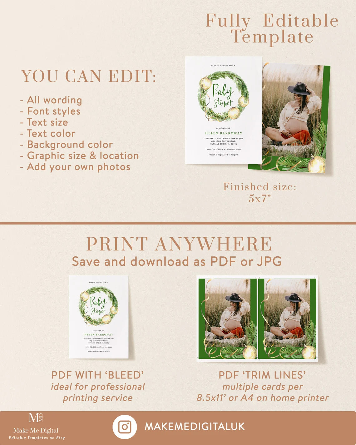 Green & Gold Christmas Baby Shower Invitation Bundle