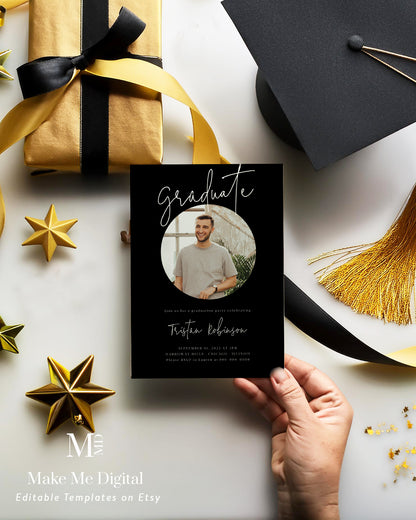 Modern Calligraphy Black Graduation Party Invitation