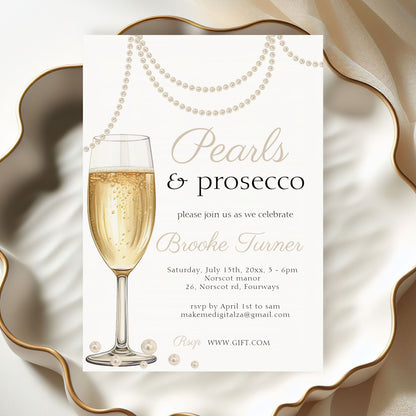 Pearls and Prosecco Photo Bridal Shower Invitation template