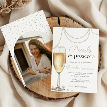 Pearls and Prosecco Photo Bridal Shower Invitation template