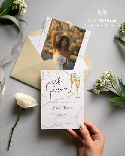 Pearls & Prosecco Modern Calligraphy Champagne Bridal Shower Invitation