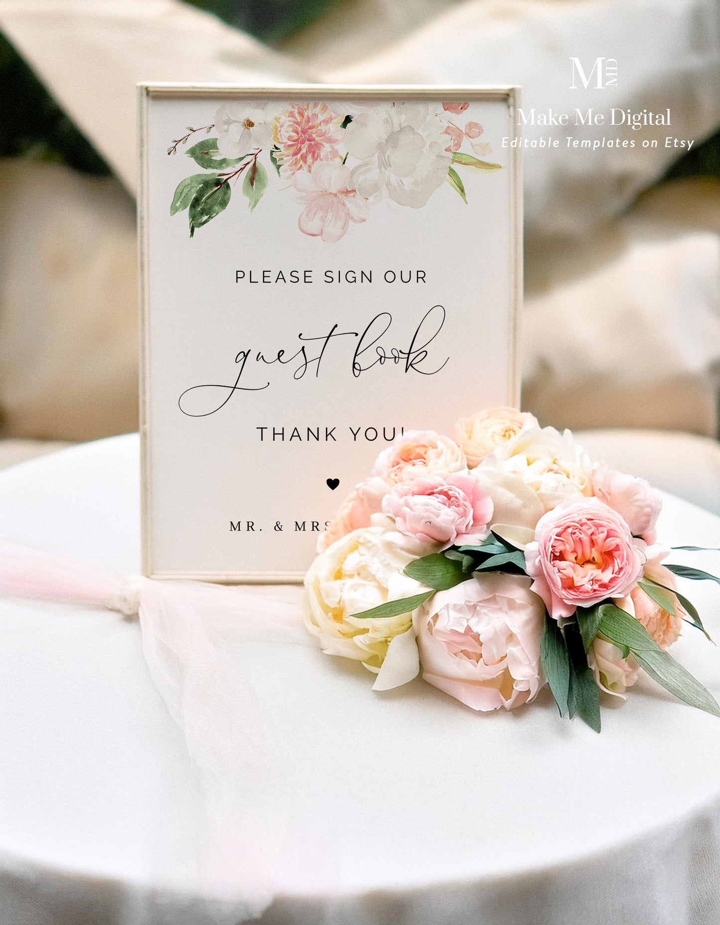 Blush Pink & White Floral Wedding Guest Book Sign