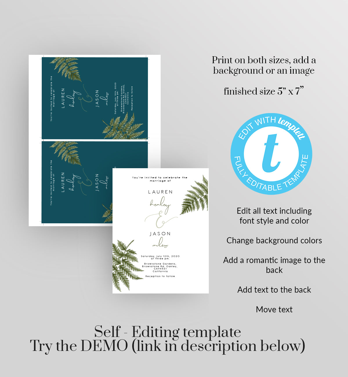 15 item Green Fern Wedding invitation & sign Stationery Bundle