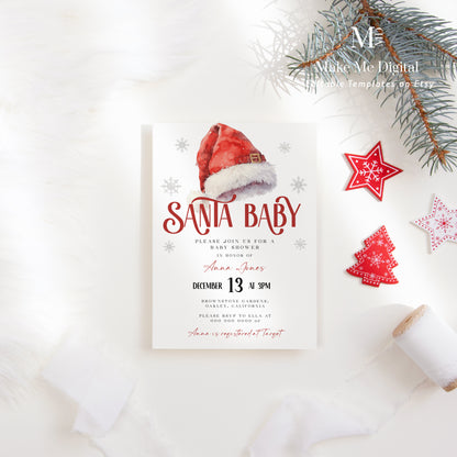 Jolly Santa Baby shower Invitation, Red Santa Hat Evite