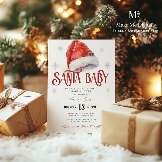 Jolly Santa Baby shower Invitation, Red Santa Hat Evite