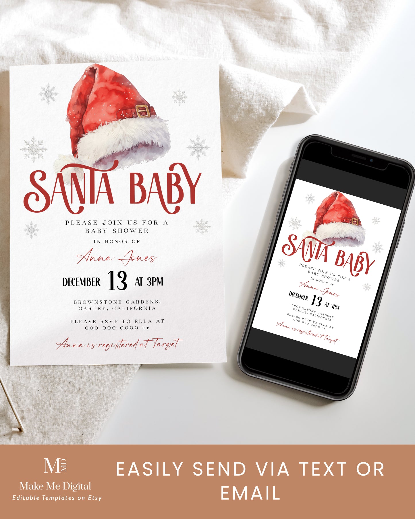 Jolly Santa Baby shower Invitation, Red Santa Hat Evite