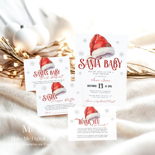 Jolly Santa Baby shower Invitation Suite, Red Santa Hat Evite Bundle