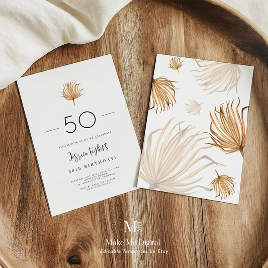 Rustic Palm Leaf 50th Birthday Invitation