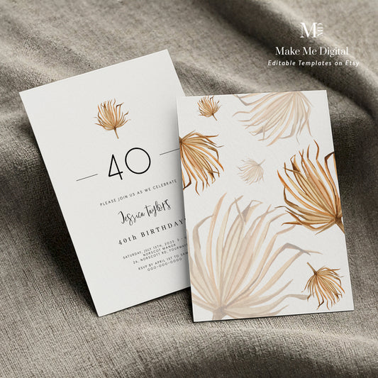 Rustic Palm Leaf 40th Birthday Invitation