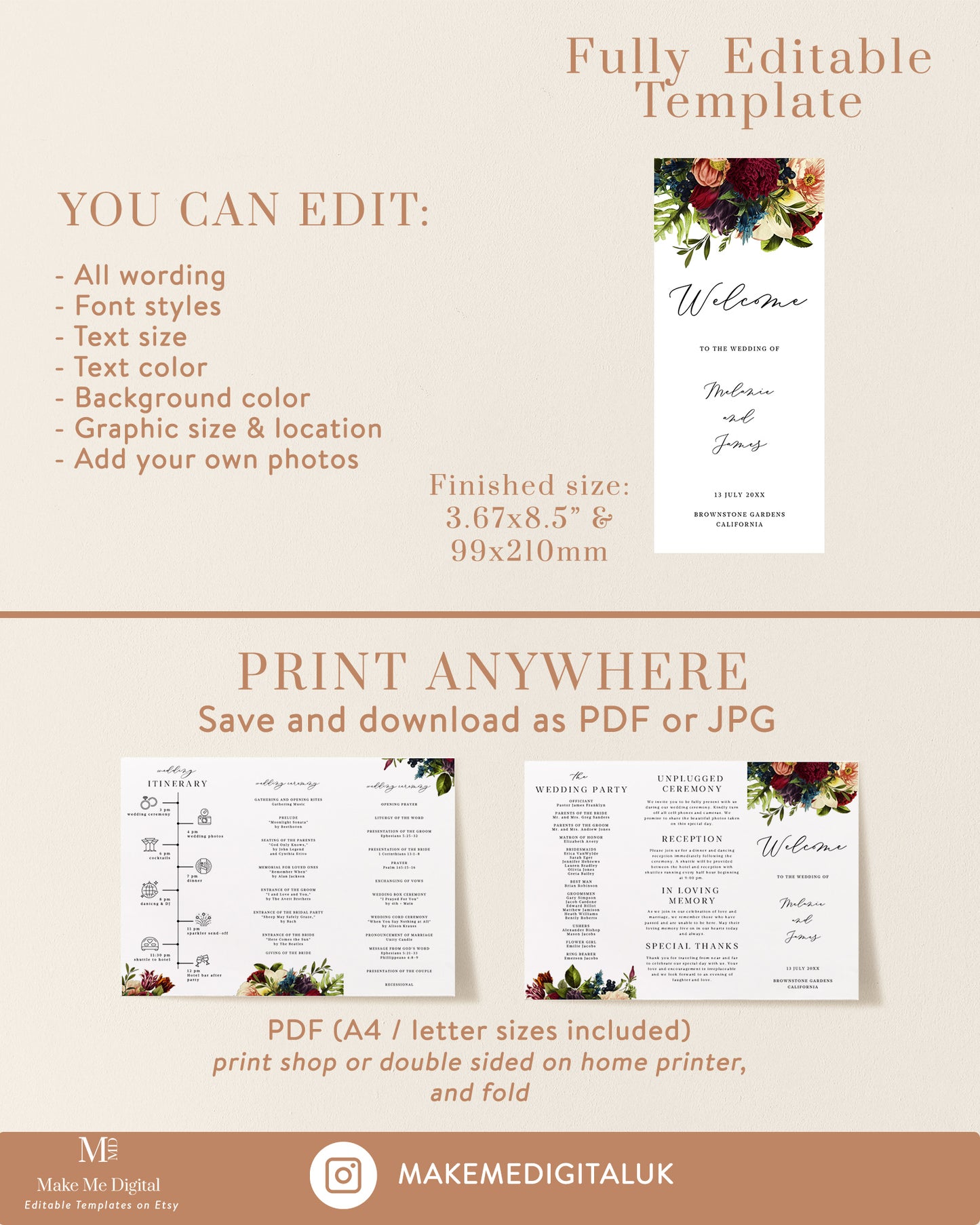 Burgundy Floral Wedding Trifold Table Program