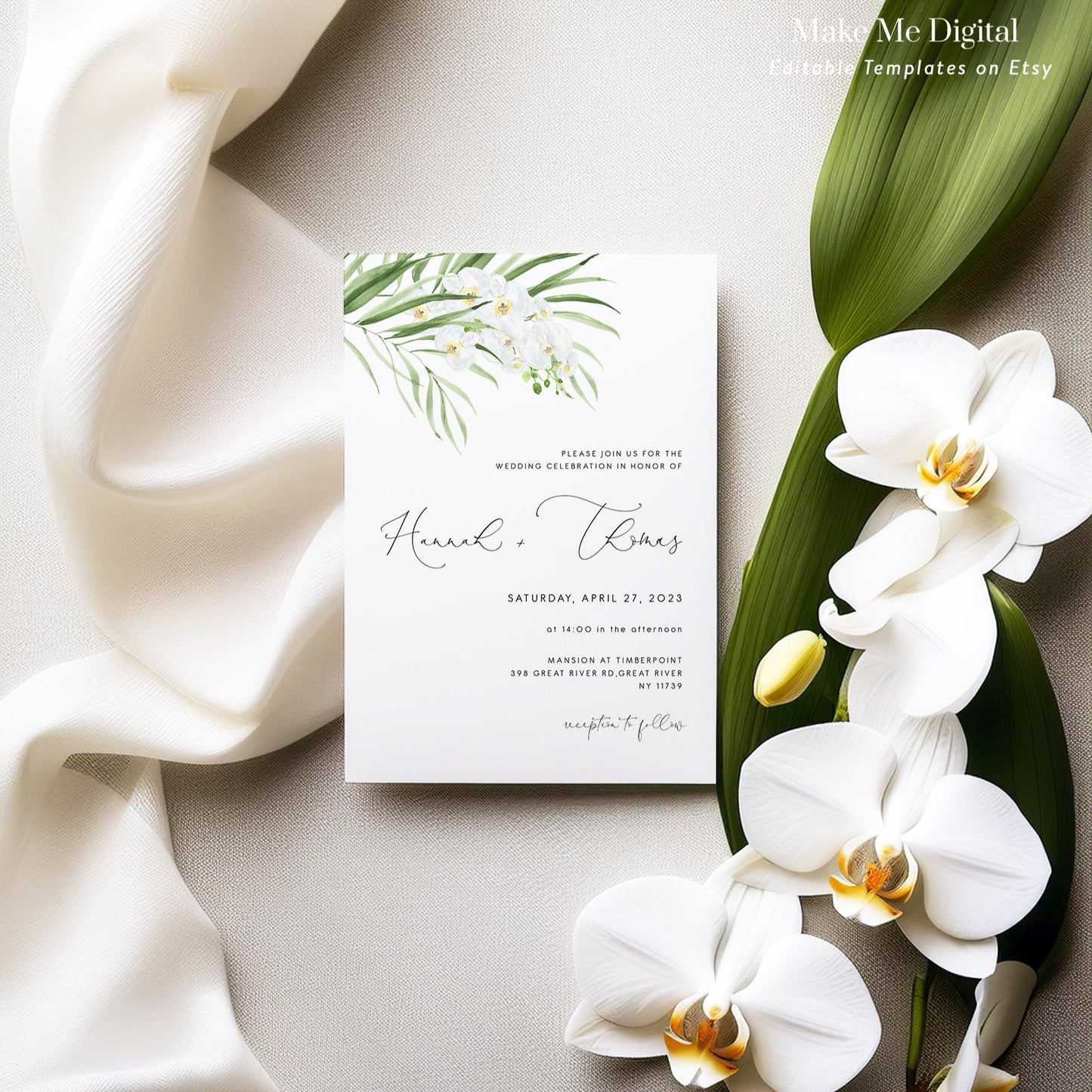 White Orchid Wedding Invitation set of 3