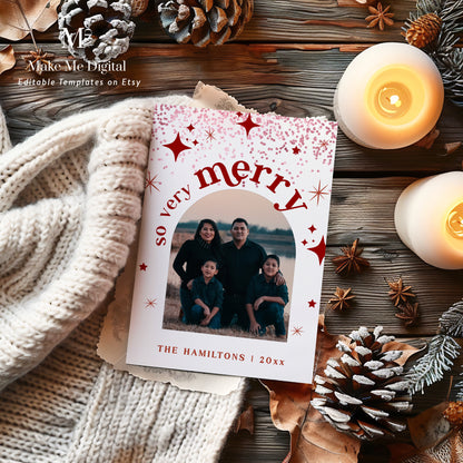 2024 Red Glitter Arch Christmas Card | So Very Merry Retro Family Photo Year in Review Template