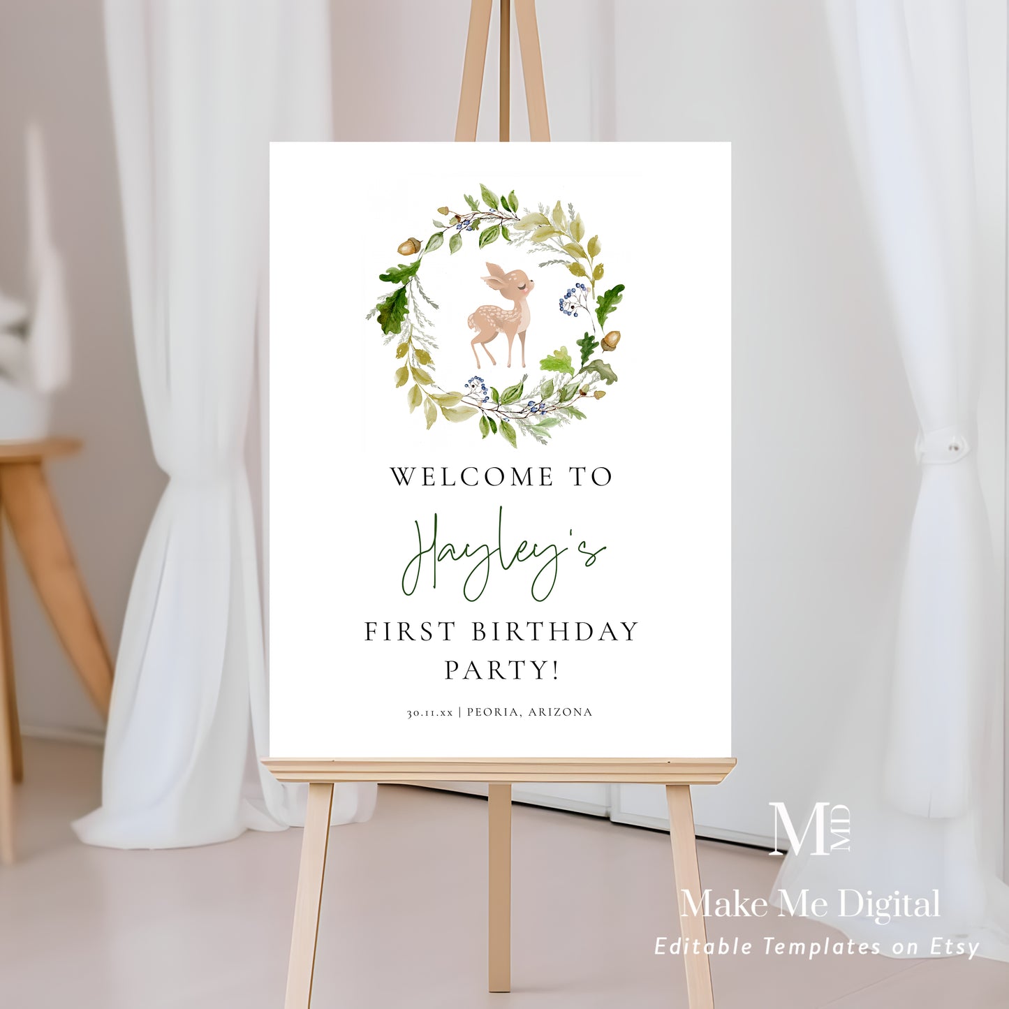 Woodland Deer Birthday Welcome Sign