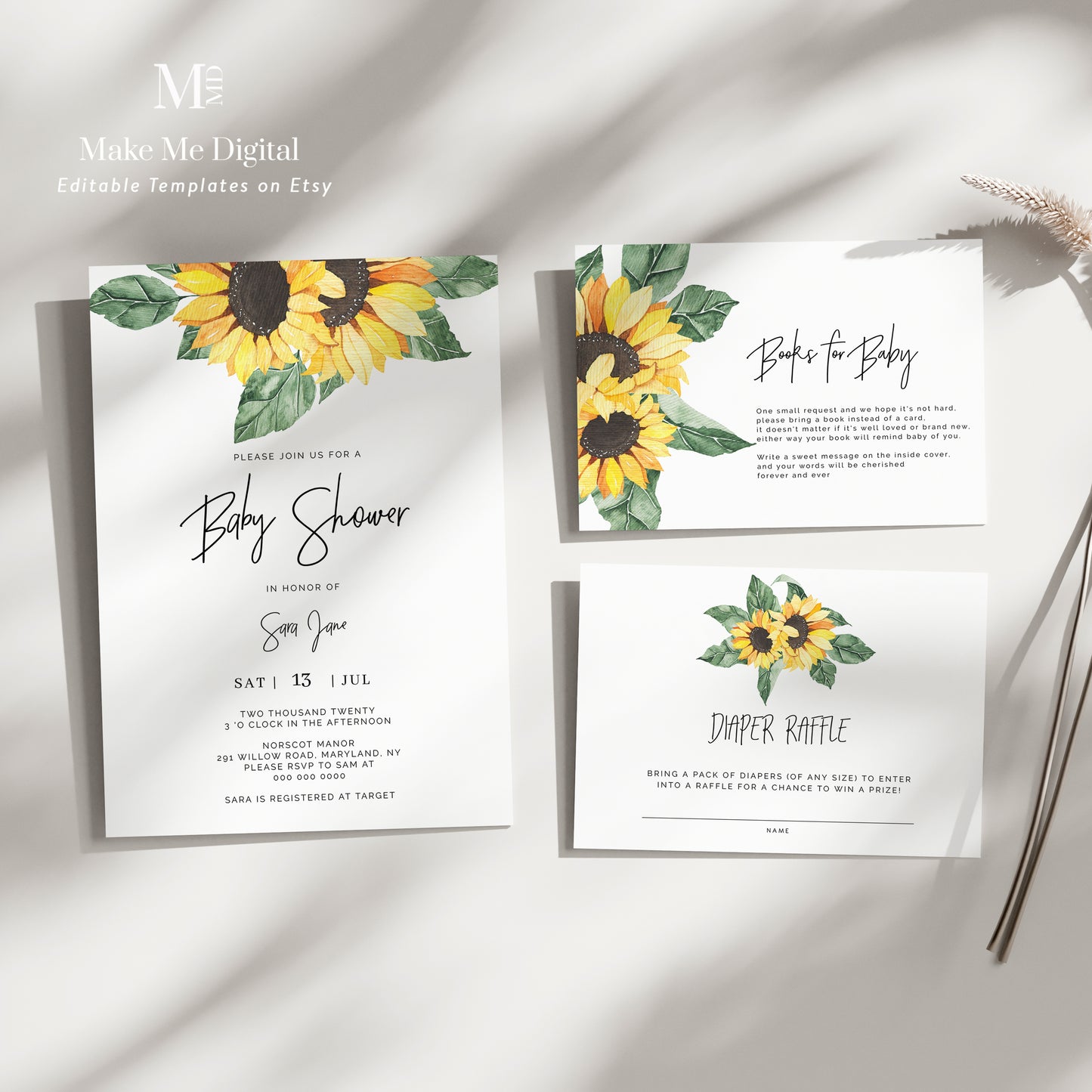 Sunflower Baby Shower Invitation Set of 3