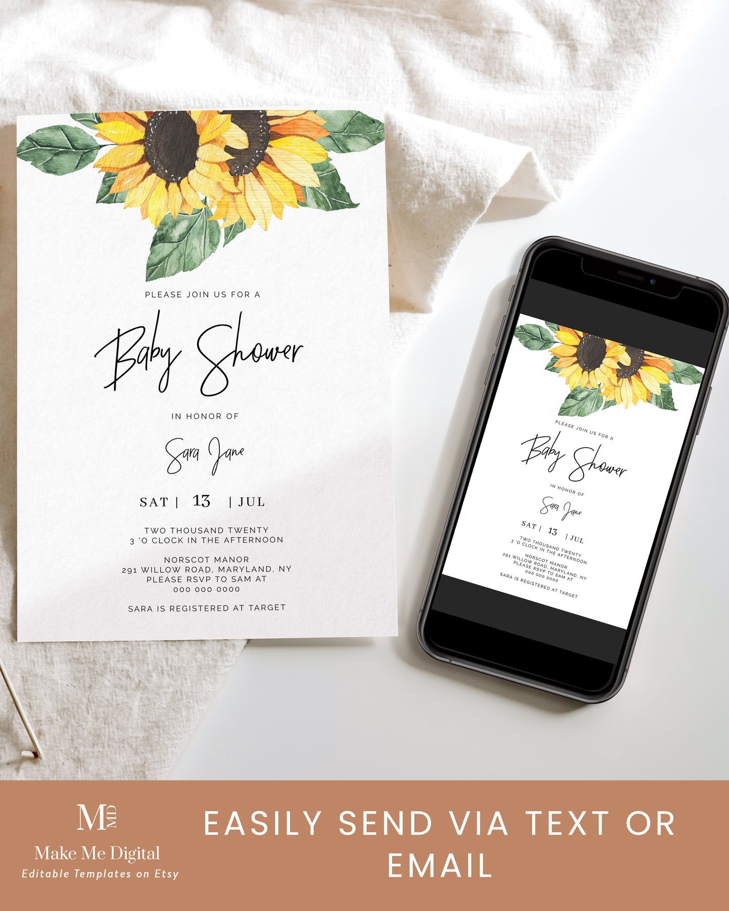 Sunflower Baby Shower Invitation Single