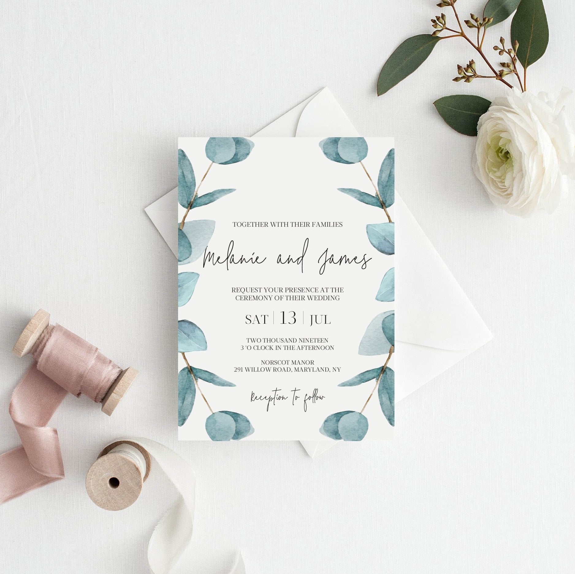 Nala Blue Eucalyptus Wedding Invitation – Make Me Digital: printable ...