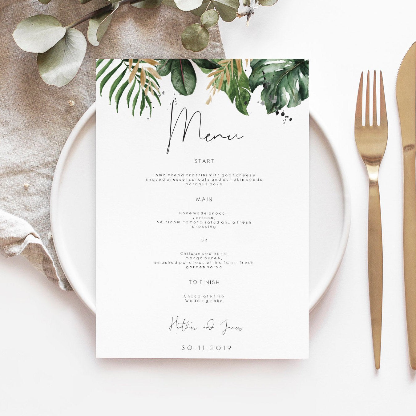 Tropical wedding menu summer greenery bridal shower menu, botanical dinner menu, instant download, 119