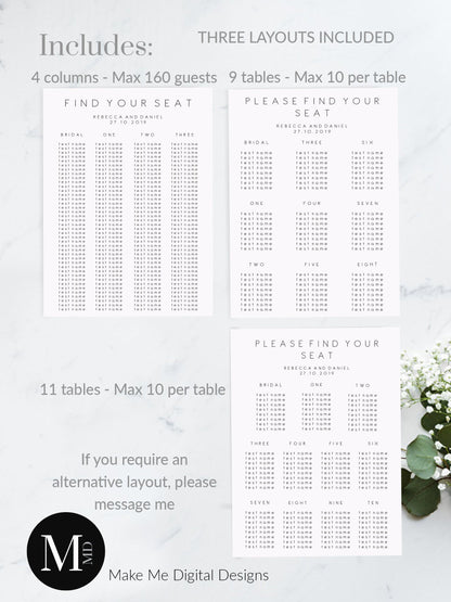 Wedding Seating Chart Wedding Table Plan, Elegant wedding escort cards, printable seating plan, instant download template 115