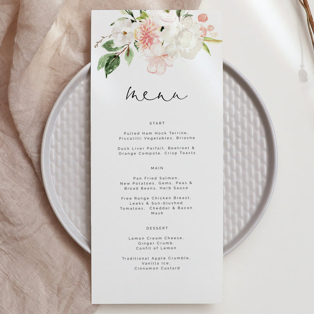 Blush Pink & White Floral Wedding Menu – Make Me Digital: printable ...