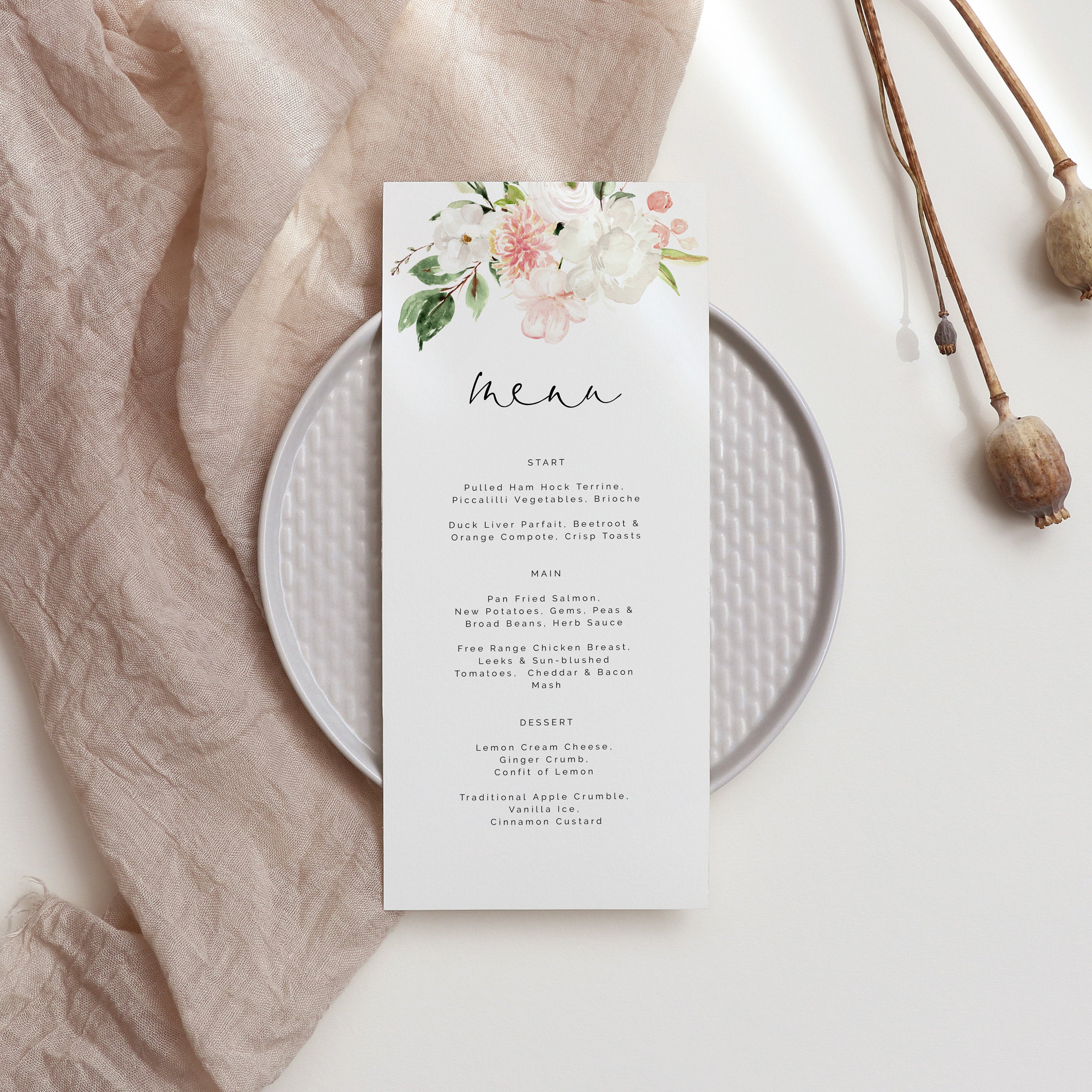 Blush Pink & White Floral Wedding Menu – Make Me Digital: printable ...