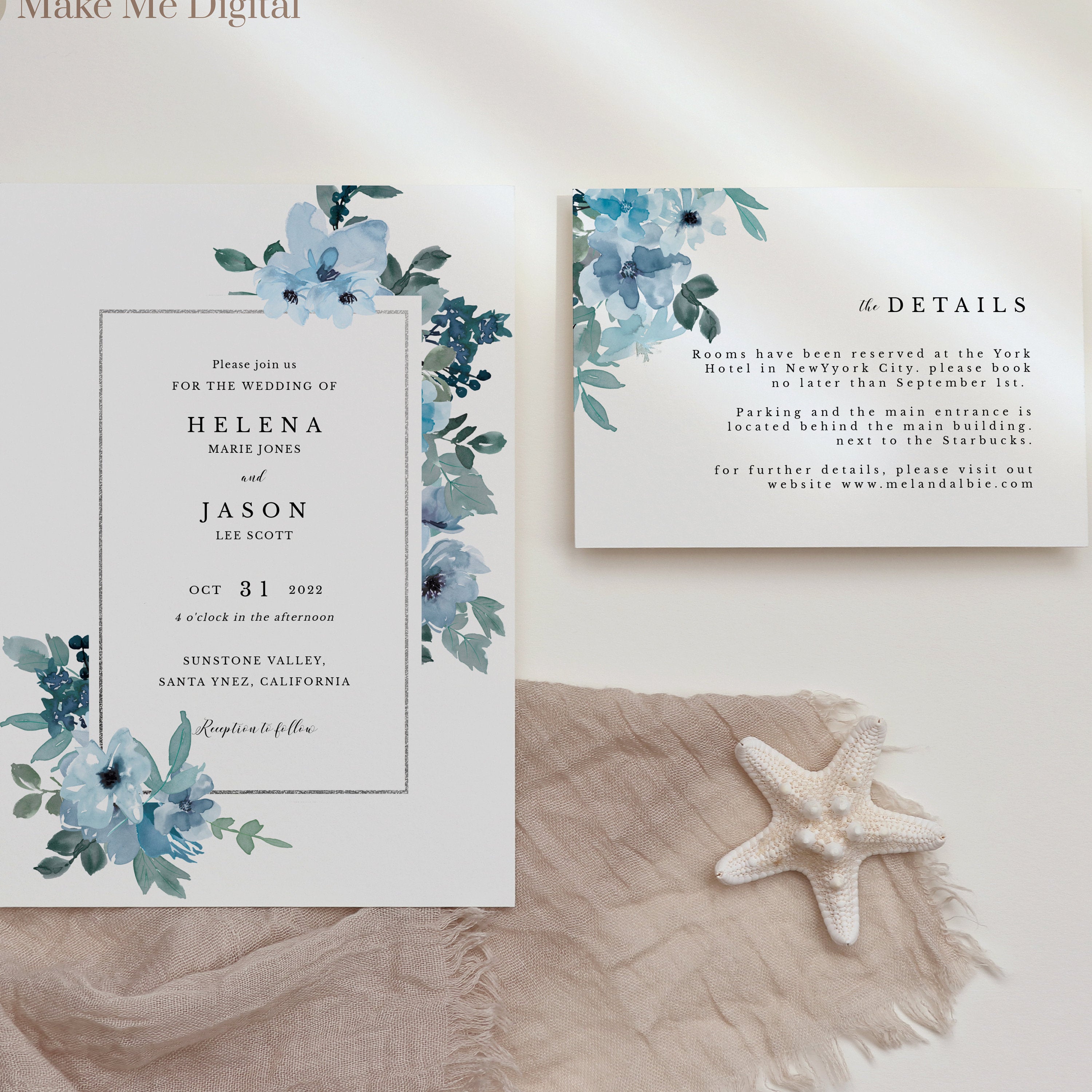 Blue Floral Wedding Invitation Set of 2 Make Me Digital