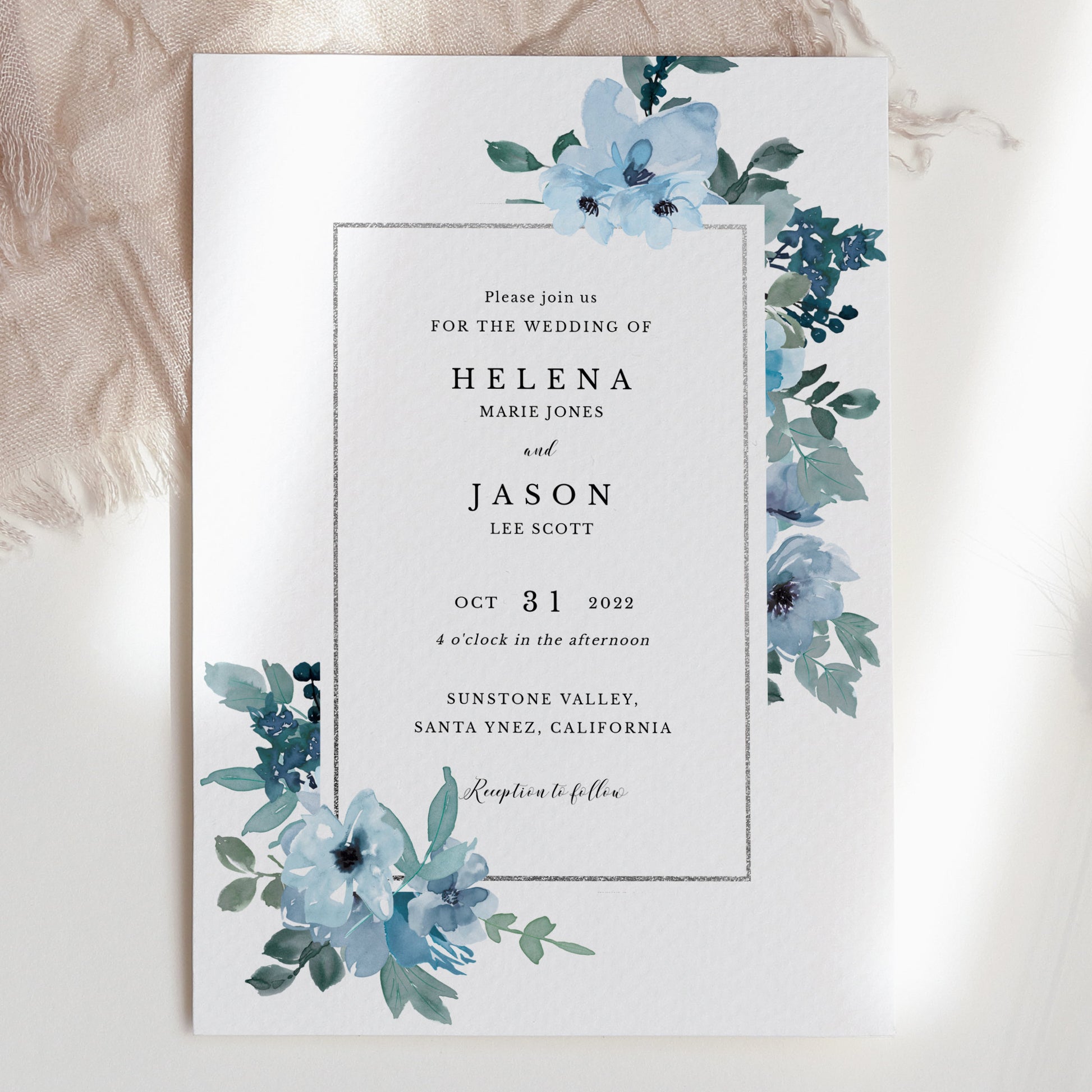 Dusty Blue Flowers Wedding Invitation - Wedding Stationery