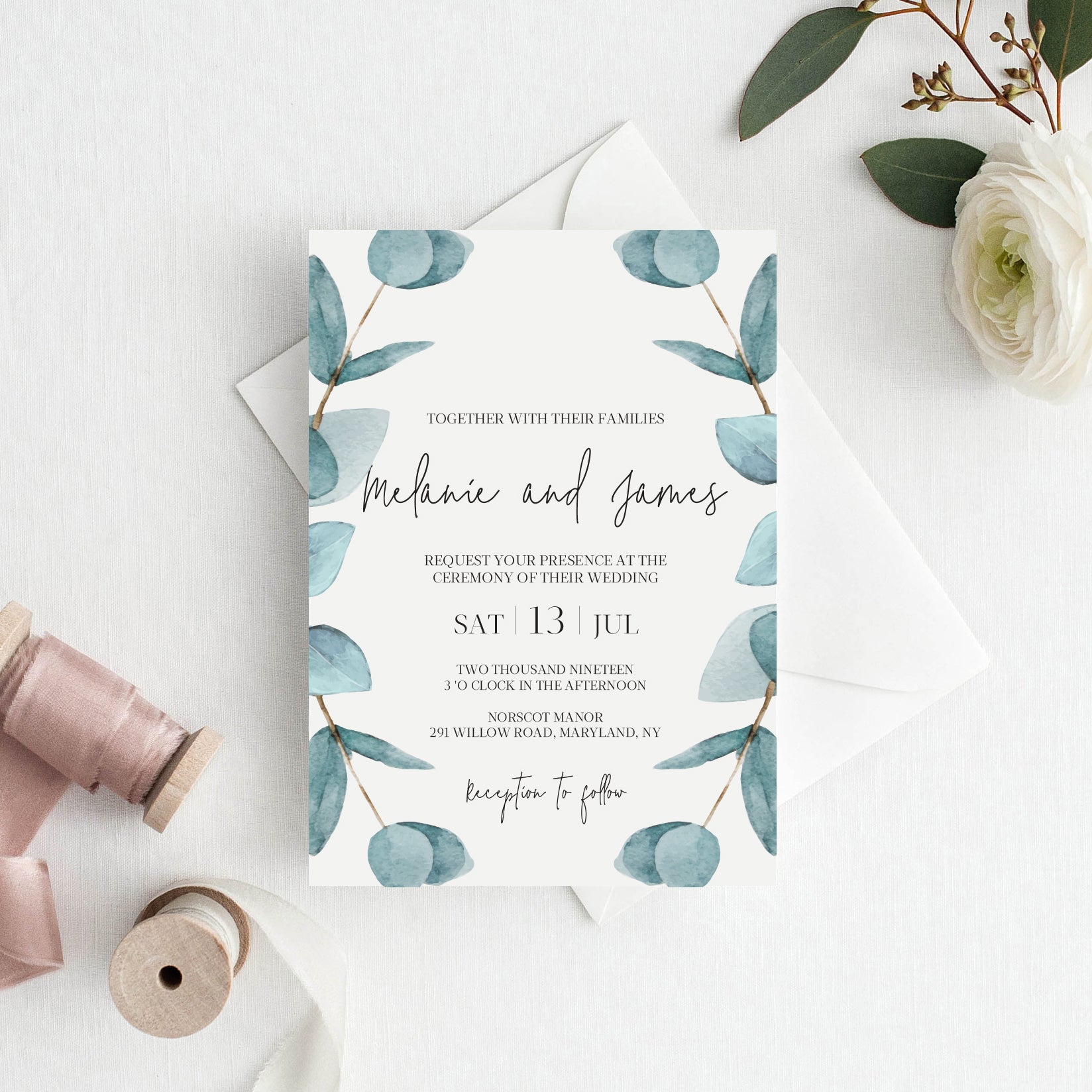 Nala Blue Eucalyptus Invitation Set of 3 with Save the Date